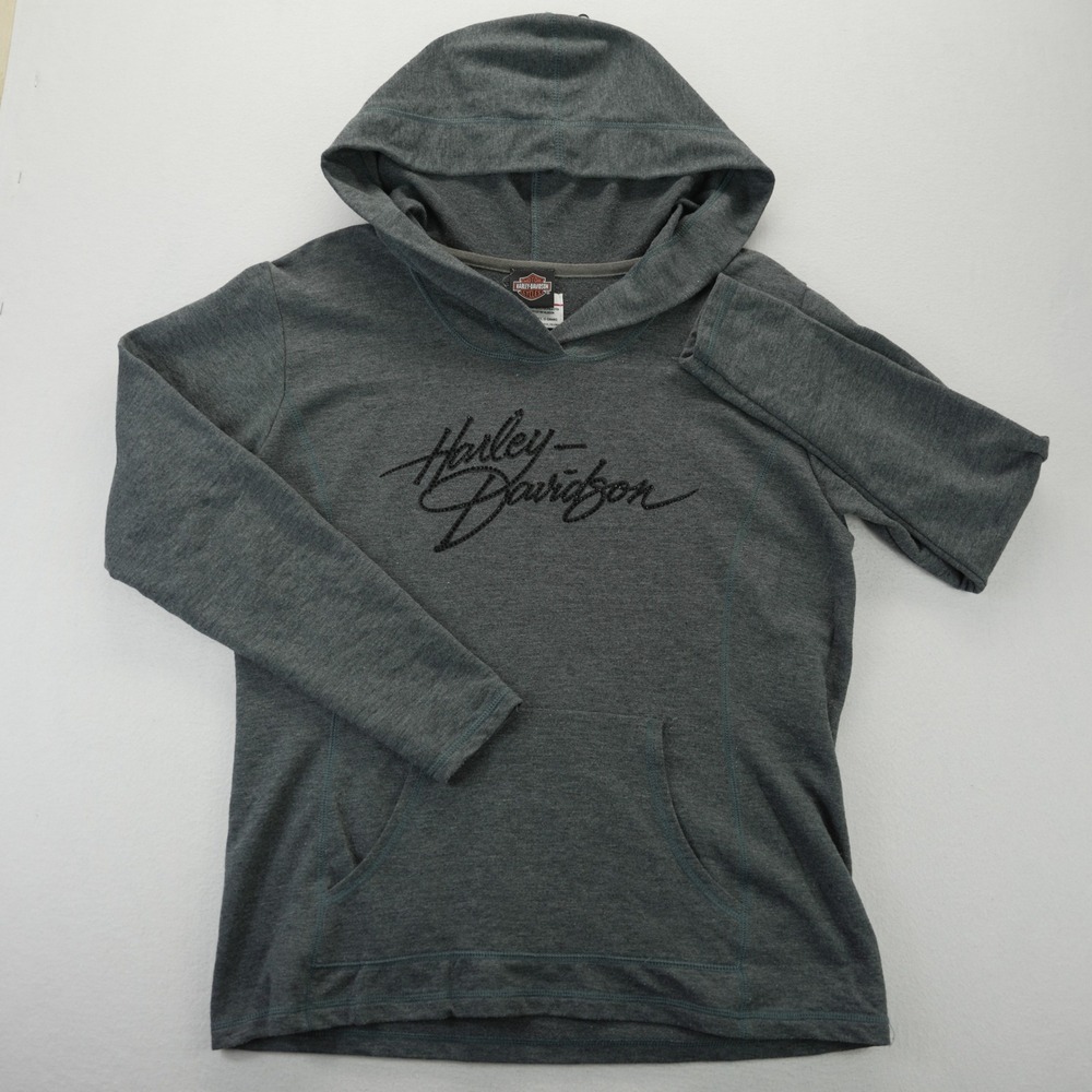 Harley-Davidson Las Vegas Rhinestone Script Hoodie Gray Womens Large Pullover - Picture 2 of 9